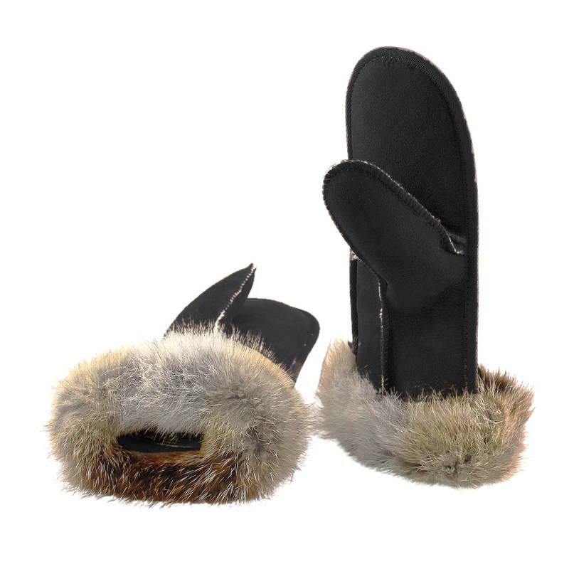 Black fox cuff sheepskin mittens