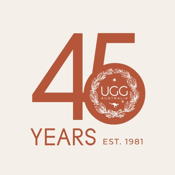 A terracotta-colored 45 years anniversary graphic with '45 YEARS EST. 1981' text and a circular UGG Australia emblem on a light cream background