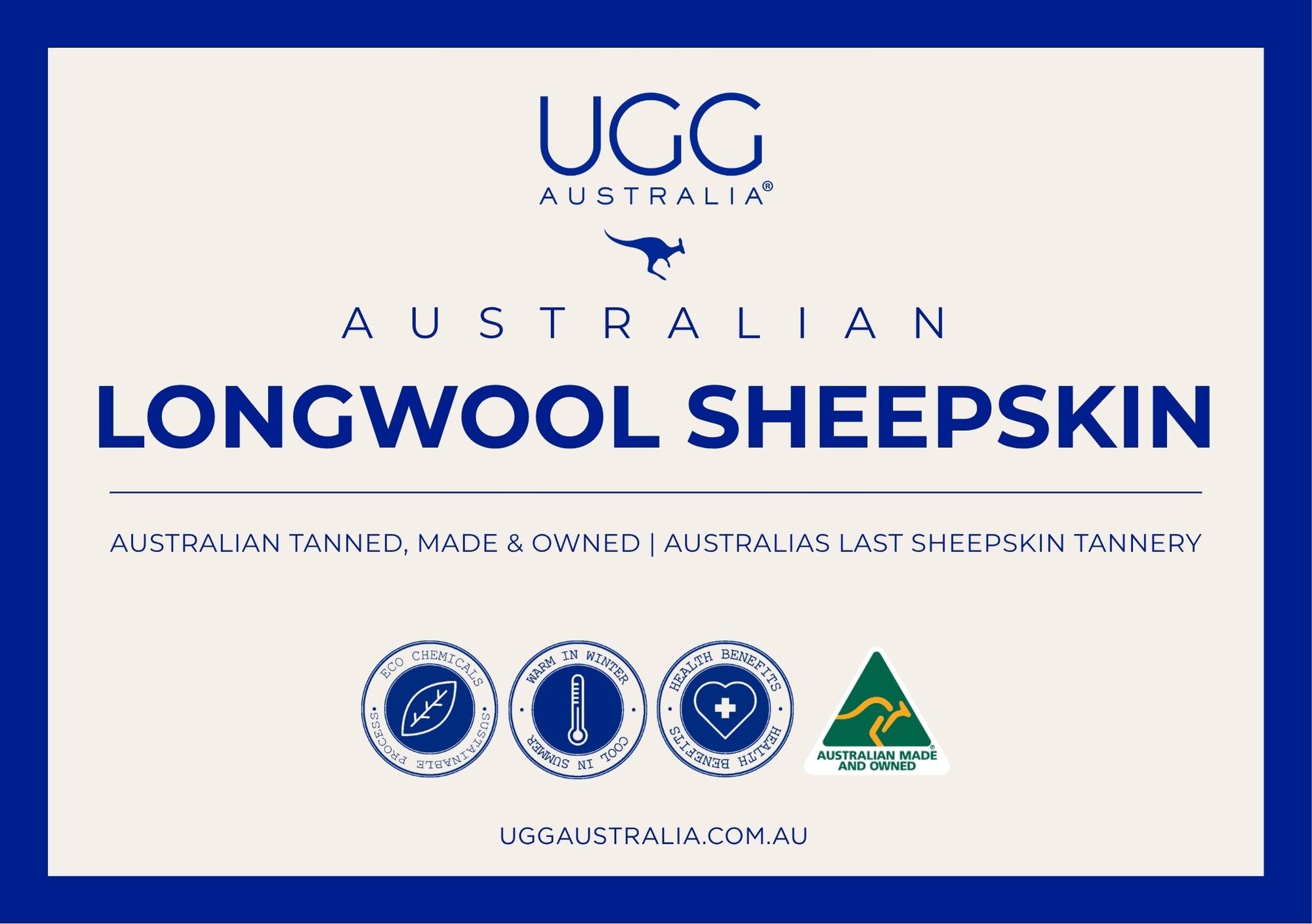 Longwool Sheepskin Label UGG Australia stating benefits of and Australian Made and Owned