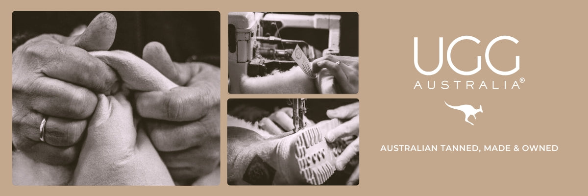 UGG Australia advertisement with hands holding a shoe, sewing machine, and logo on a beige background.