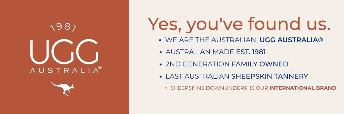 UGG Australia promotional banner with an orange left panel showing the UGG logo and kangaroo mark, and a cream right panel with the text 'Yes, you've found us.' followed by company details.