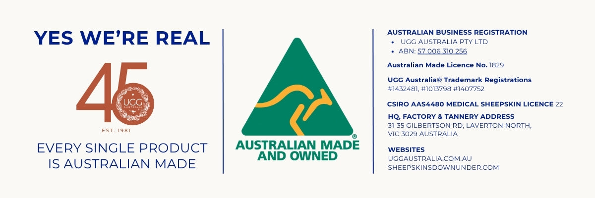 UGG Australia brand credentials banner — Est. 1981, Australian Made and Owned certified, ABN 57 006 310 256, Australian Made Licence No. 1829, factory and tannery at Laverton North VIC