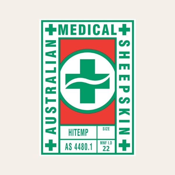Australian Medical Sheepskin label with green and red design on a beige background