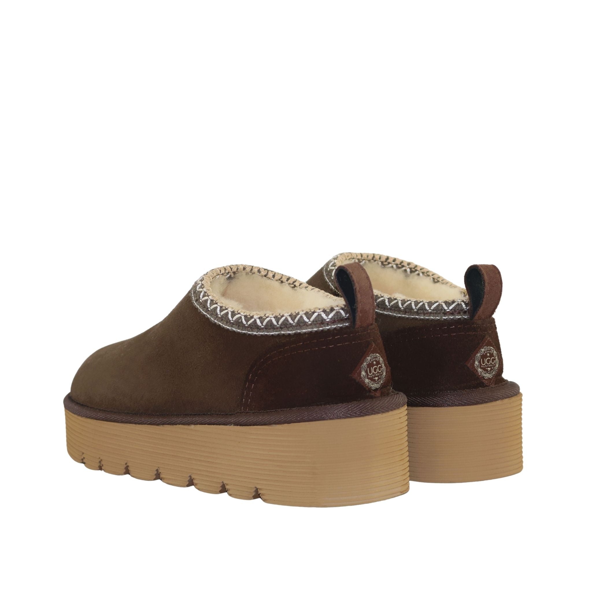 UGG Australia Platform Tasman Tazz Chocolate Chocolate Pairs Back Womens Australian Made Sheepskin UGG Slipper