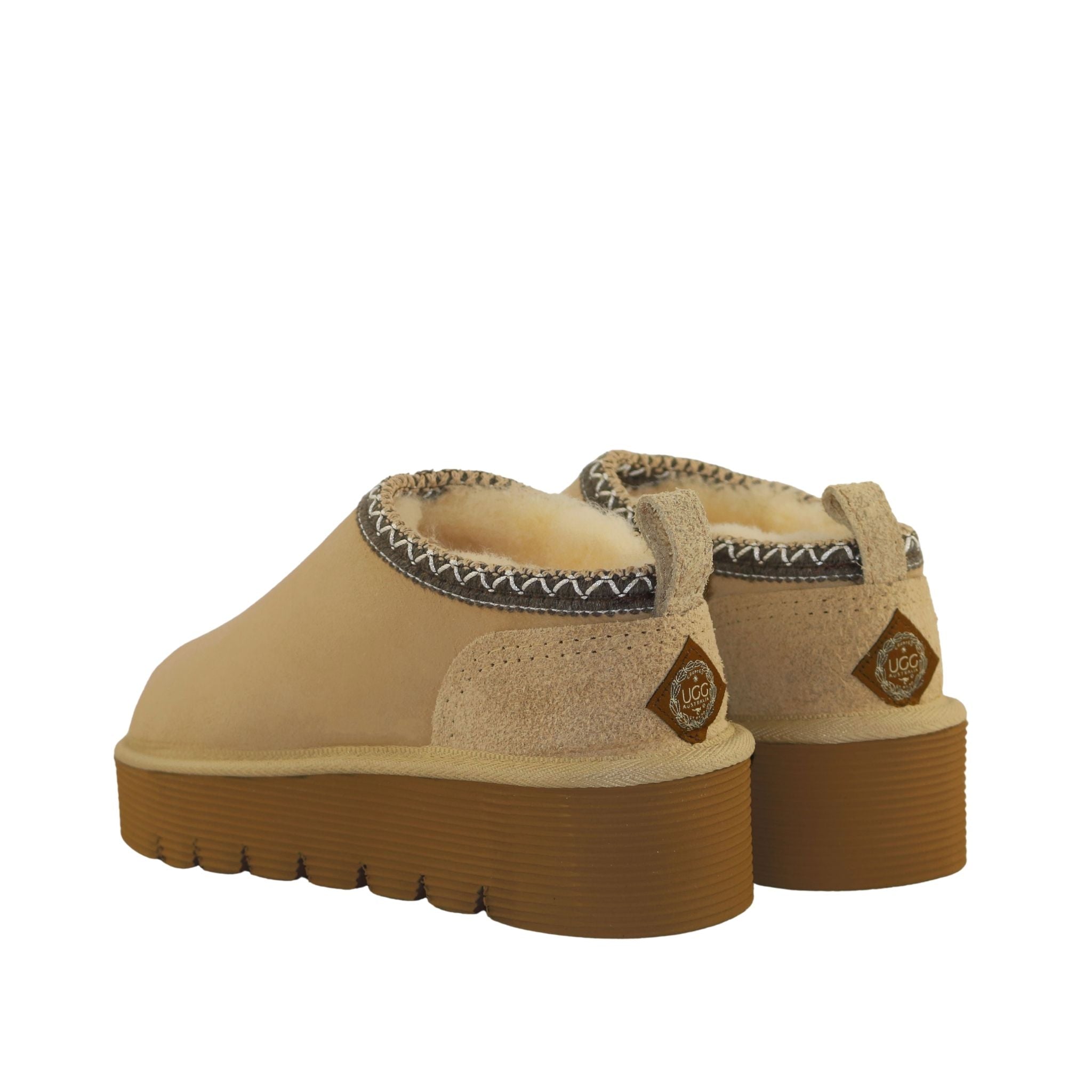 UGG Australia Platform Tasman Tazz Sand Chocolate Pairs Back Womens Australian Made Sheepskin UGG Slipper
